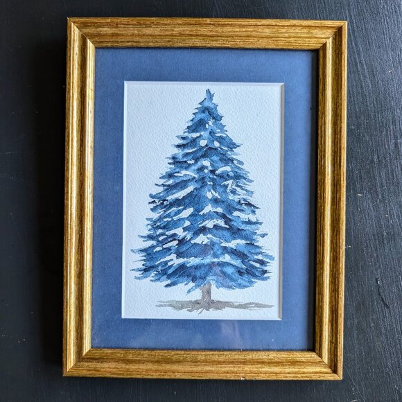 Blue  Original Watercolor Christmas Tree in Wooden Frame - Picture 1 of 7